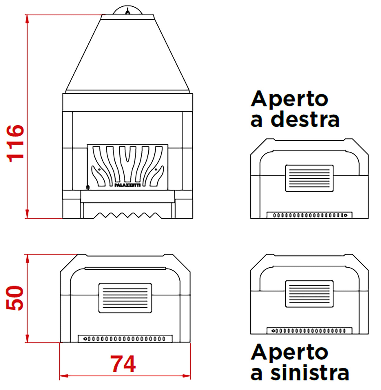 Palazzetti In Giardino Patio 64 R Barbecue Focolare Aperto Camino Legna Carbonelle Aria Naturale in Cemento Refrattario Registro Fumi Cassetto Cenere Griglia Paretina Posteriore Ghisa Apertura Frontale Destra Sinistra Misura 74x50 H116 cm Potenza 11 Kw