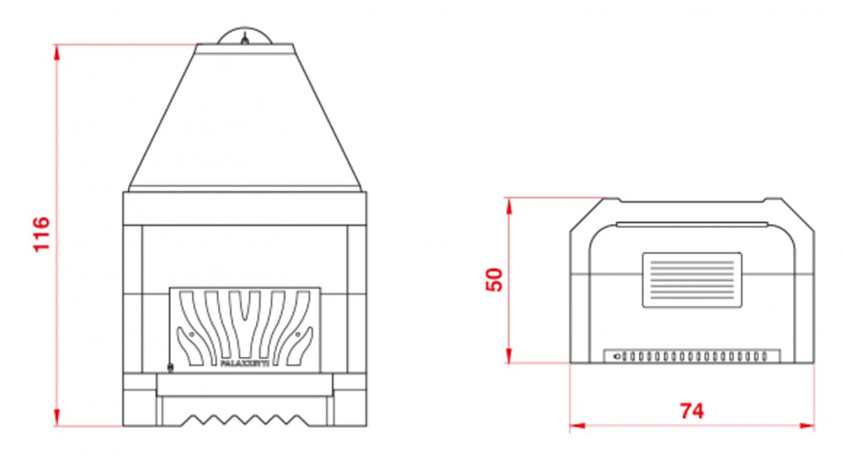 Palazzetti In Giardino Patio 64 R Barbecue Focolare Aperto Camino Legna Carbonelle Aria Naturale in Cemento Refrattario Registro Fumi Cassetto Cenere Griglia Paretina Posteriore Ghisa Apertura Frontale Destra Sinistra Misura 74x50 H116 cm Potenza 11 Kw