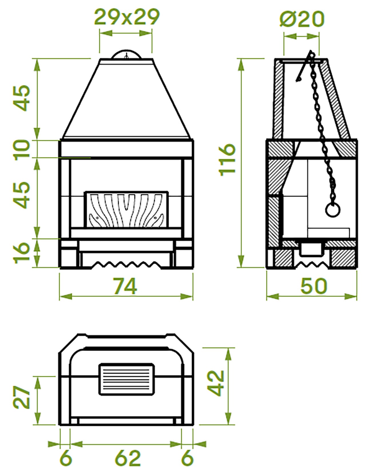 Palazzetti In Giardino Patio 64 R Barbecue Focolare Aperto Camino Legna Carbonelle Aria Naturale in Cemento Refrattario Registro Fumi Cassetto Cenere Griglia Paretina Posteriore Ghisa Apertura Frontale Destra Sinistra Misura 74x50 H116 cm Potenza 11 Kw