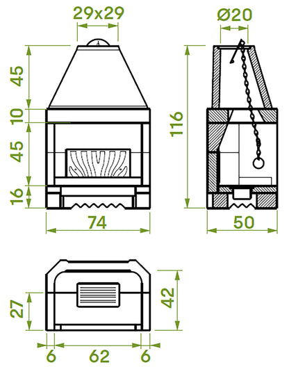 Palazzetti In Giardino Patio 64 R Barbecue Focolare Aperto Camino Legna Carbonelle Aria Naturale in Cemento Refrattario Registro Fumi Cassetto Cenere Griglia Paretina Posteriore Ghisa Apertura Frontale Destra Sinistra Misura 74x50 H116 cm Potenza 11 Kw