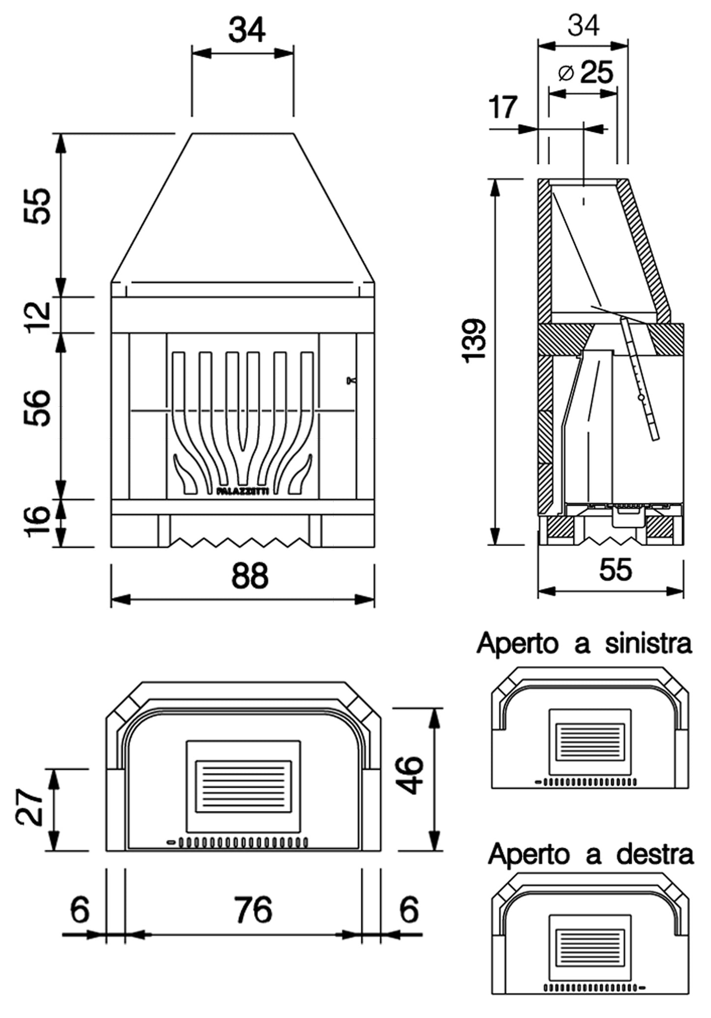Palazzetti In Giardino Patio 78 G Barbecue Focolare Camino a Legna e Carbonelle Aria Naturale Piano Fuoco in Ghisa Elevato Spessore Registro Comburente Fumi Cassetto Cenere Griglia Apertura Frontale Destra Sinistra Misura 88x55 H139 cm Potenza 7 Kw