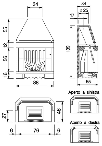 Palazzetti In Giardino Patio 78 G Barbecue Focolare Camino a Legna e Carbonelle Aria Naturale Piano Fuoco in Ghisa Elevato Spessore Registro Comburente Fumi Cassetto Cenere Griglia Apertura Frontale Destra Sinistra Misura 88x55 H139 cm Potenza 7 Kw