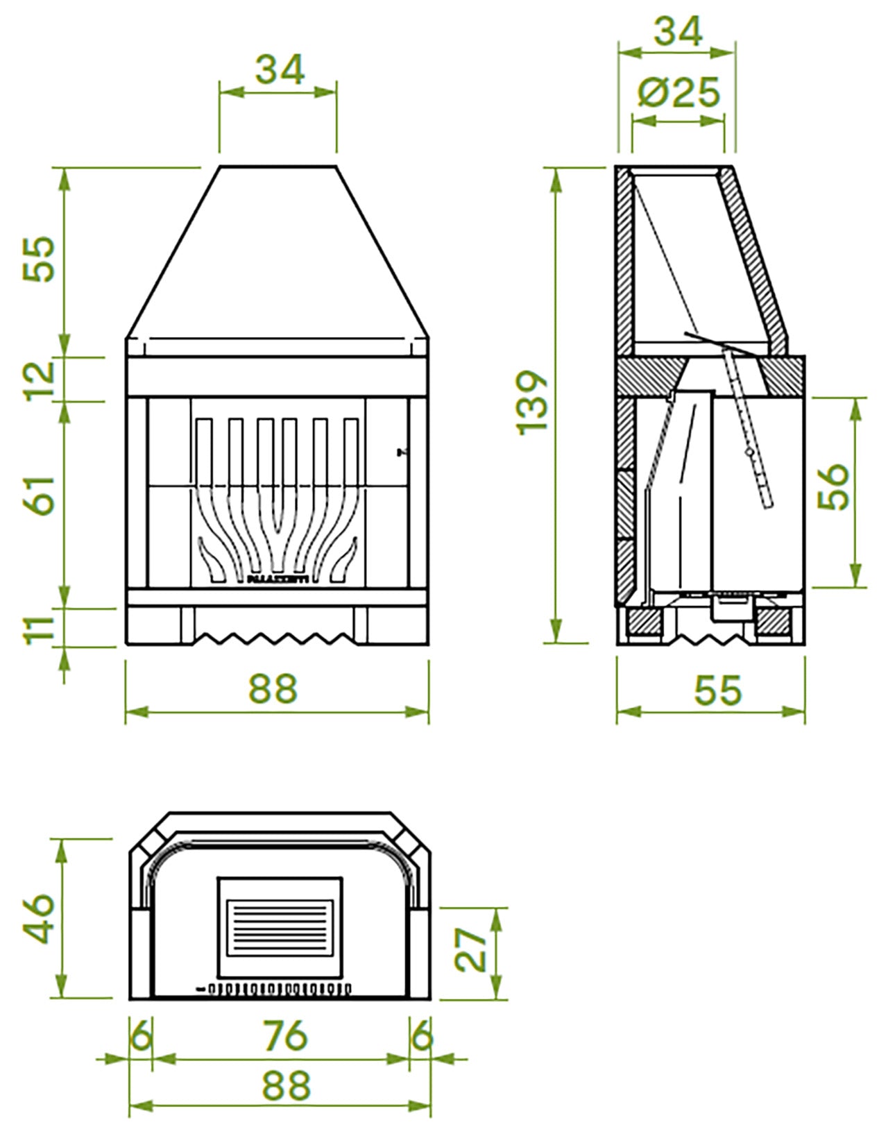 Palazzetti In Giardino Patio 78 G Barbecue Focolare Camino a Legna e Carbonelle Aria Naturale Piano Fuoco in Ghisa Elevato Spessore Registro Comburente Fumi Cassetto Cenere Griglia Apertura Frontale Destra Sinistra Misura 88x55 H139 cm Potenza 7 Kw