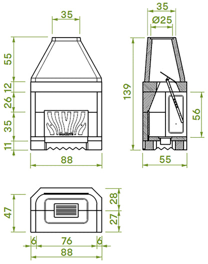 Palazzetti In Giardino Patio 78 R Barbecue Focolare Aperto Camino a Legna e Carbonelle Aria Naturale in Cemento Refrattario Registro Fumi Cassetto Cenere Griglia Paretina Posteriore Ghisa Apertura Frontale Destra Sinistra Misura 88x55 H139 cm 12,9 Kw