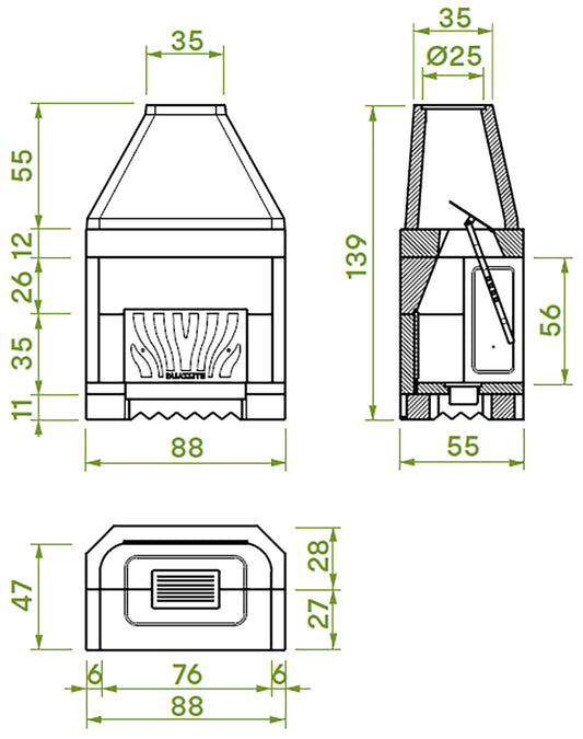 Palazzetti In Giardino Patio 78 R Barbecue Focolare Aperto Camino a Legna e Carbonelle Aria Naturale in Cemento Refrattario Registro Fumi Cassetto Cenere Griglia Paretina Posteriore Ghisa Apertura Frontale Destra Sinistra Misura 88x55 H139 cm 12,9 Kw