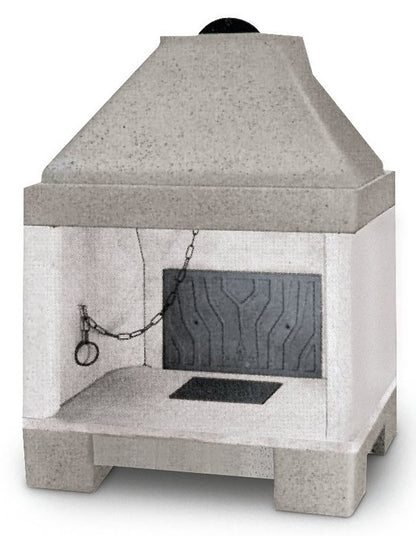 Palazzetti In Giardino Patio 86 R Barbecue Focolare Aperto Camino Legna Carbonelle Aria Naturale in Cemento Refrattario Registro Fumi Cassetto Cenere Griglia Paretina Posteriore Ghisa Apertura Frontale Destra Sinistra Misura 100x65 H133 cm Potenza 15,7 Kw