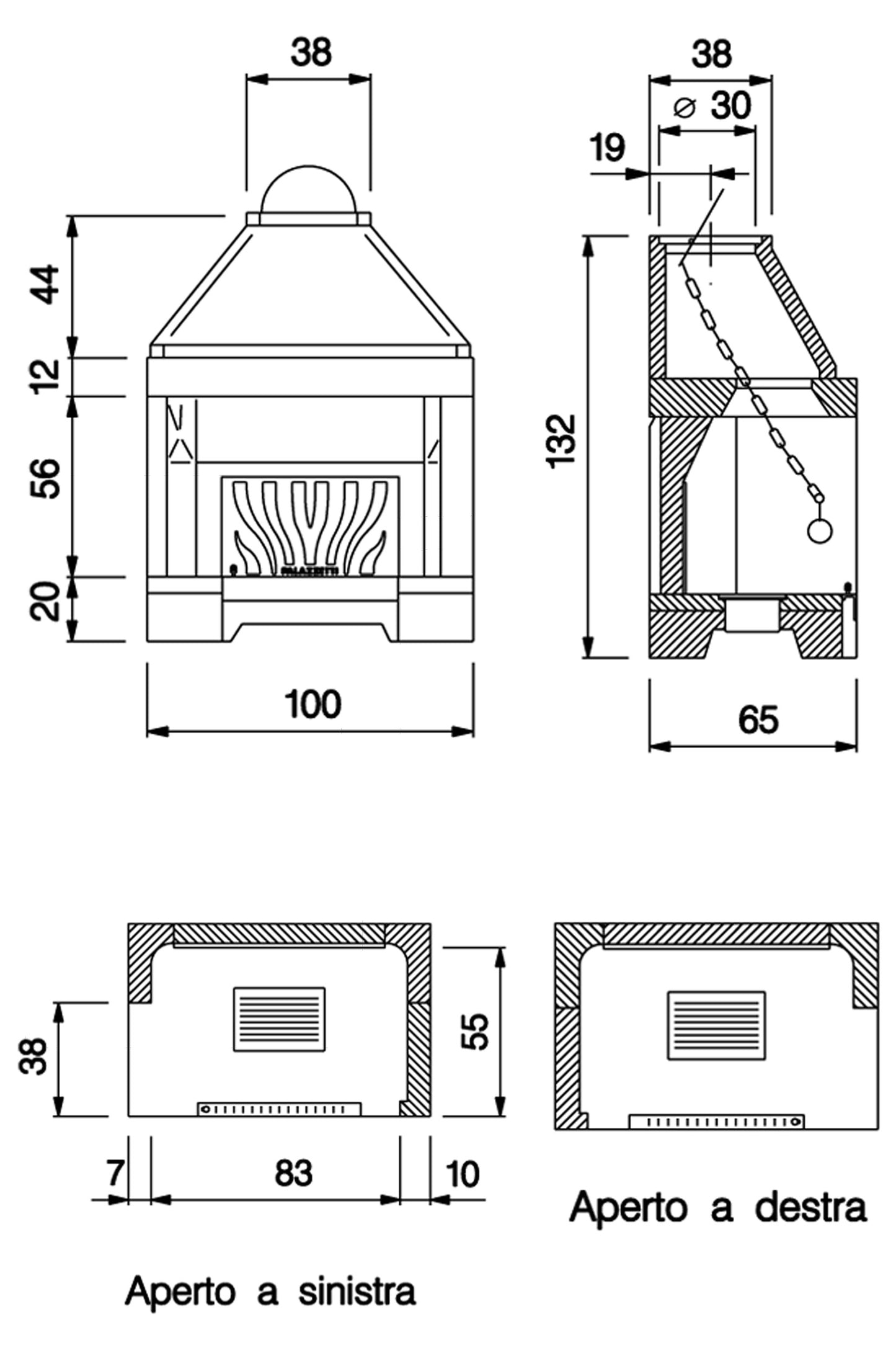 Palazzetti In Giardino Patio 86 R Barbecue Focolare Aperto Camino Legna Carbonelle Aria Naturale in Cemento Refrattario Registro Fumi Cassetto Cenere Griglia Paretina Posteriore Ghisa Apertura Frontale Destra Sinistra Misura 100x65 H133 cm Potenza 15,7 Kw