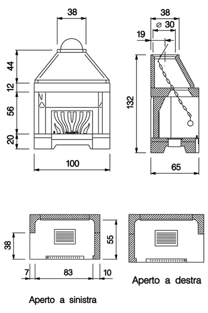 Palazzetti In Giardino Patio 86 R Barbecue Focolare Aperto Camino Legna Carbonelle Aria Naturale in Cemento Refrattario Registro Fumi Cassetto Cenere Griglia Paretina Posteriore Ghisa Apertura Frontale Destra Sinistra Misura 100x65 H133 cm Potenza 15,7 Kw