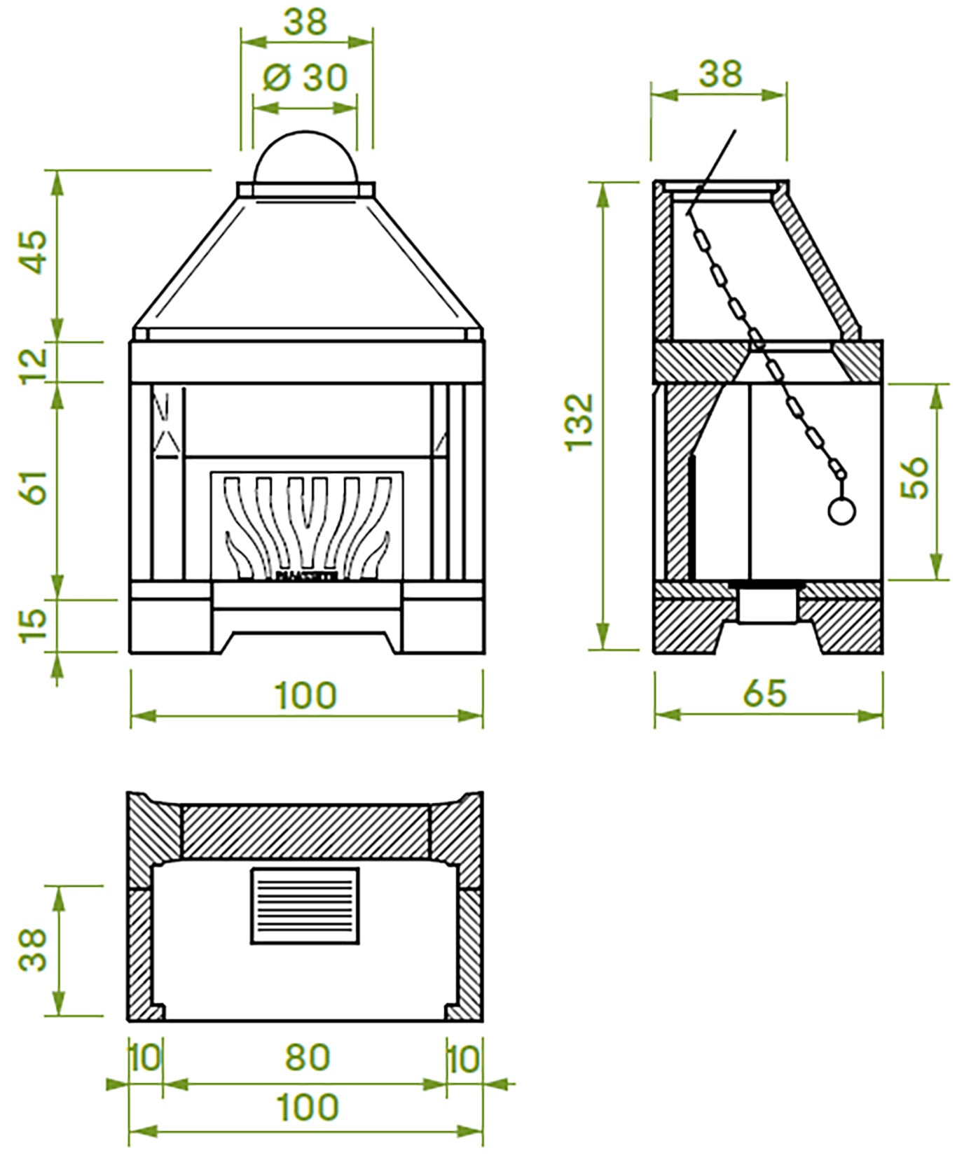 Palazzetti In Giardino Patio 86 R Barbecue Focolare Aperto Camino Legna Carbonelle Aria Naturale in Cemento Refrattario Registro Fumi Cassetto Cenere Griglia Paretina Posteriore Ghisa Apertura Frontale Destra Sinistra Misura 100x65 H133 cm Potenza 15,7 Kw