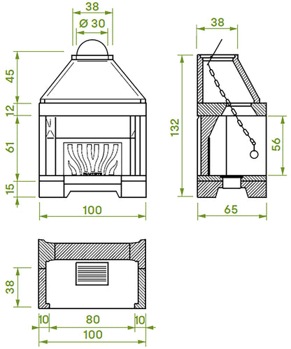 Palazzetti In Giardino Patio 86 R Barbecue Focolare Aperto Camino Legna Carbonelle Aria Naturale in Cemento Refrattario Registro Fumi Cassetto Cenere Griglia Paretina Posteriore Ghisa Apertura Frontale Destra Sinistra Misura 100x65 H133 cm Potenza 15,7 Kw
