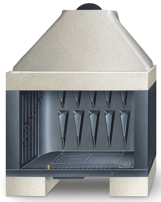 Palazzetti In Giardino Patio 96 G Barbecue Focolare Camino Legna Carbonelle Aria Naturale Piano Fuoco Ghisa Elevato Spessore Registro Comburente Fumi Cassetto Cenere Griglia Portalegna Apertura Frontale Destra Sinistra Misura 112x71 H140 cm Potenza 14,1Kw