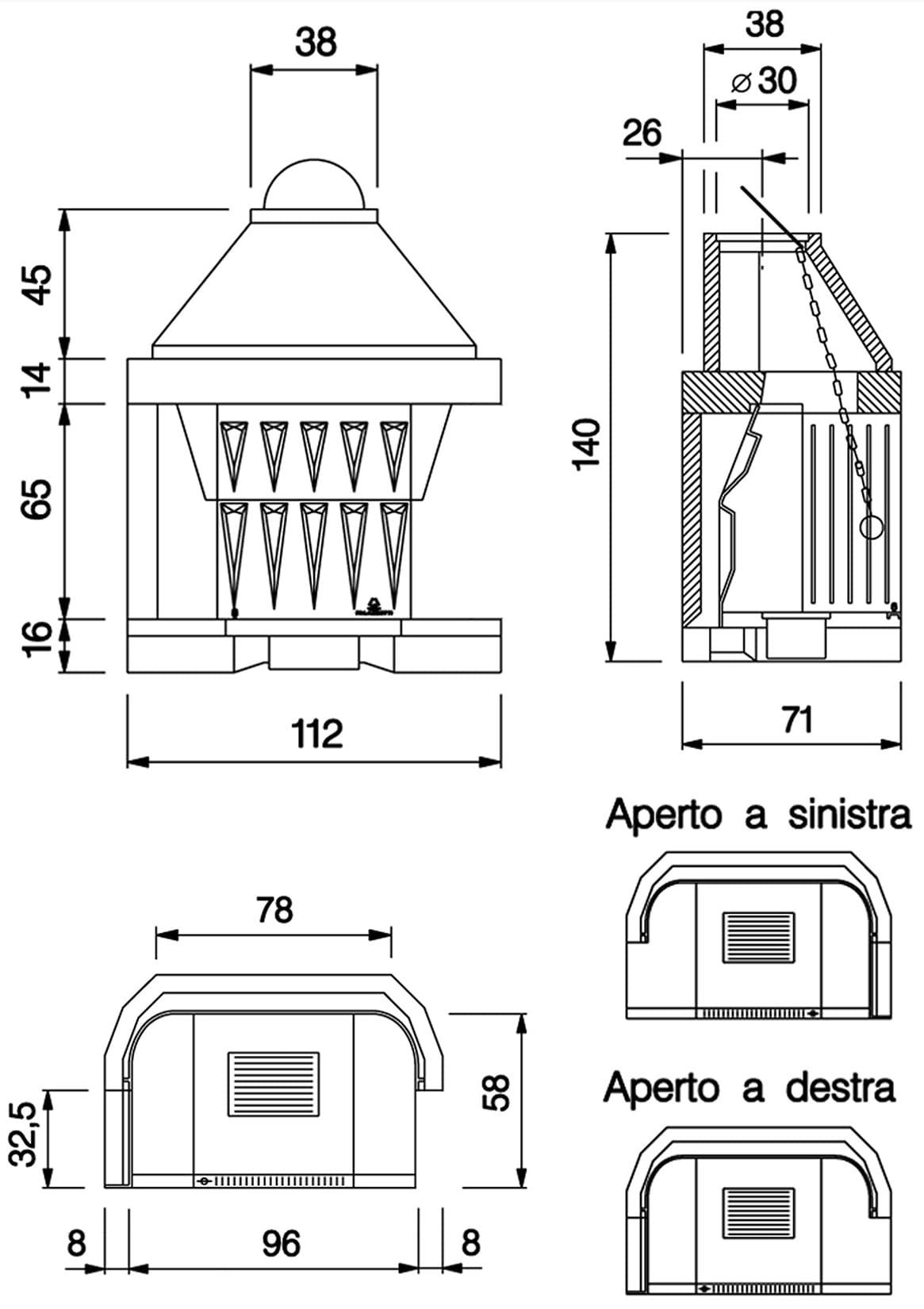 Palazzetti In Giardino Patio 96 G Barbecue Focolare Camino Legna Carbonelle Aria Naturale Piano Fuoco Ghisa Elevato Spessore Registro Comburente Fumi Cassetto Cenere Griglia Portalegna Apertura Frontale Destra Sinistra Misura 112x71 H140 cm Potenza 14,1Kw