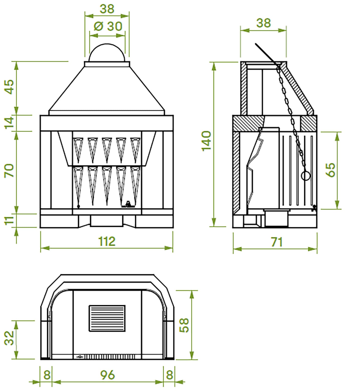 Palazzetti In Giardino Patio 96 G Barbecue Focolare Camino Legna Carbonelle Aria Naturale Piano Fuoco Ghisa Elevato Spessore Registro Comburente Fumi Cassetto Cenere Griglia Portalegna Apertura Frontale Destra Sinistra Misura 112x71 H140 cm Potenza 14,1Kw