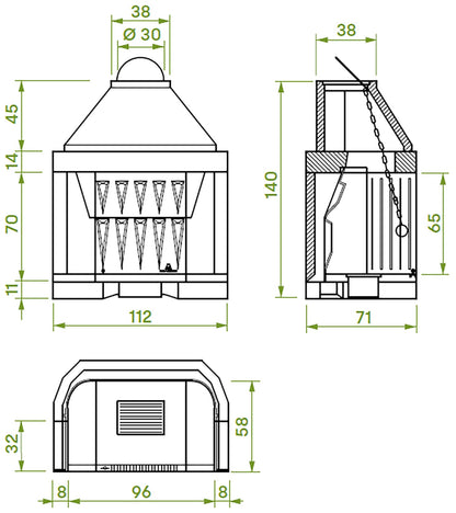 Palazzetti In Giardino Patio 96 G Barbecue Focolare Camino Legna Carbonelle Aria Naturale Piano Fuoco Ghisa Elevato Spessore Registro Comburente Fumi Cassetto Cenere Griglia Portalegna Apertura Frontale Destra Sinistra Misura 112x71 H140 cm Potenza 14,1Kw