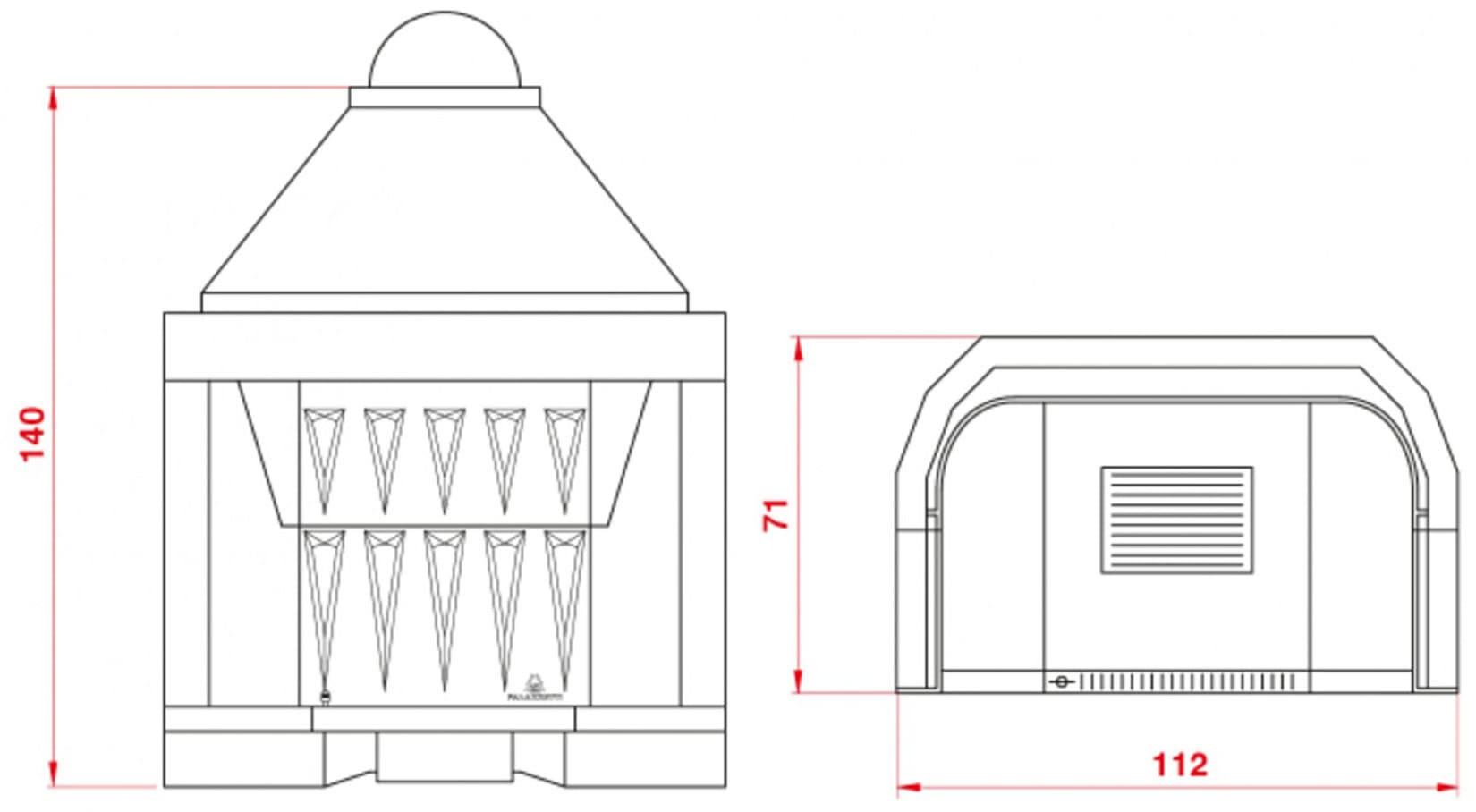 Palazzetti In Giardino Patio 96 G Barbecue Focolare Camino Legna Carbonelle Aria Naturale Piano Fuoco Ghisa Elevato Spessore Registro Comburente Fumi Cassetto Cenere Griglia Portalegna Apertura Frontale Destra Sinistra Misura 112x71 H140 cm Potenza 14,1Kw