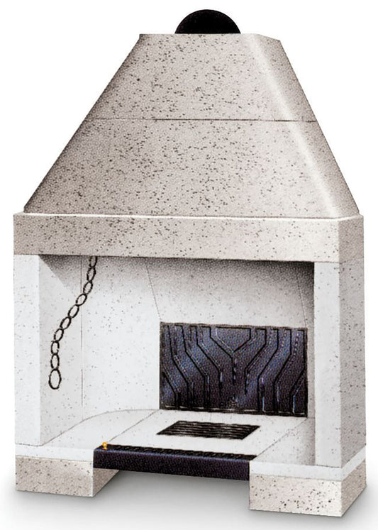 Palazzetti In Giardino Patio 96 R Barbecue Focolare Aperto Camino Legna Carbonelle Aria Naturale in Cemento Registro Fumi Cassetto Cenere Griglia Paretina Posteriore Ghisa Portalegna Apertura Frontale Destra Sinistra Misura 112x70 H157 cm Potenza 15,7 Kw