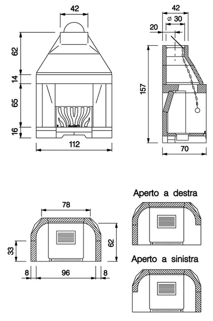 Palazzetti In Giardino Patio 96 R Barbecue Focolare Aperto Camino Legna Carbonelle Aria Naturale in Cemento Registro Fumi Cassetto Cenere Griglia Paretina Posteriore Ghisa Portalegna Apertura Frontale Destra Sinistra Misura 112x70 H157 cm Potenza 15,7 Kw