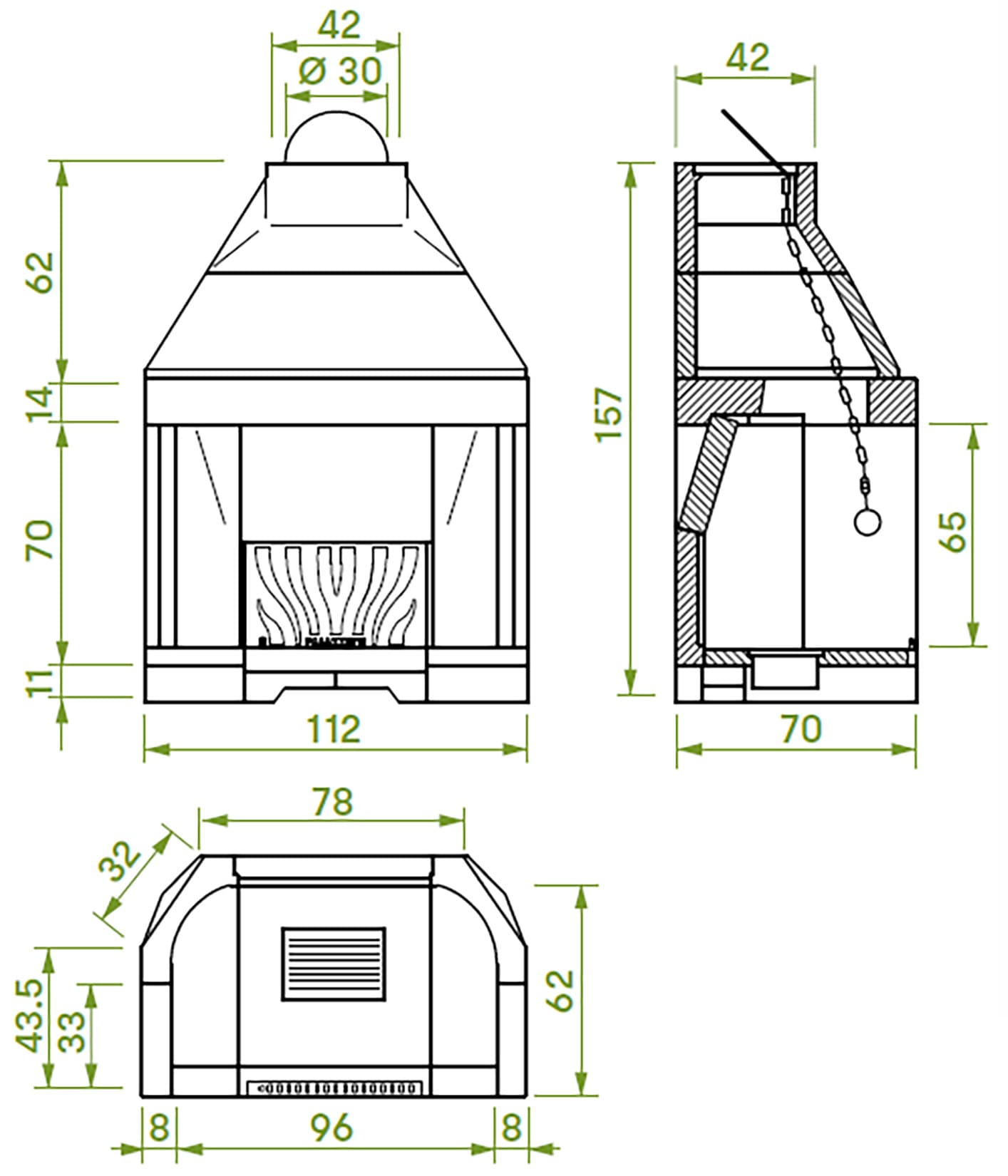 Palazzetti In Giardino Patio 96 R Barbecue Focolare Aperto Camino Legna Carbonelle Aria Naturale in Cemento Registro Fumi Cassetto Cenere Griglia Paretina Posteriore Ghisa Portalegna Apertura Frontale Destra Sinistra Misura 112x70 H157 cm Potenza 15,7 Kw