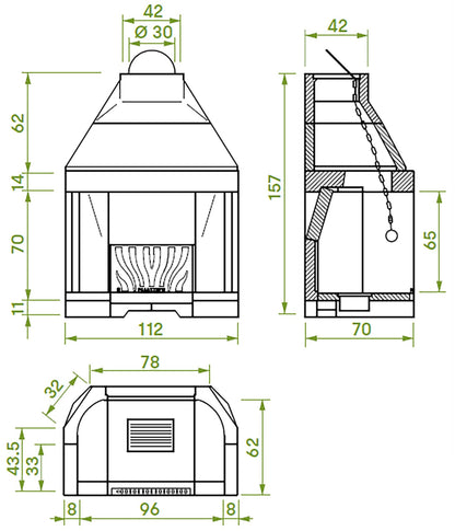 Palazzetti In Giardino Patio 96 R Barbecue Focolare Aperto Camino Legna Carbonelle Aria Naturale in Cemento Registro Fumi Cassetto Cenere Griglia Paretina Posteriore Ghisa Portalegna Apertura Frontale Destra Sinistra Misura 112x70 H157 cm Potenza 15,7 Kw