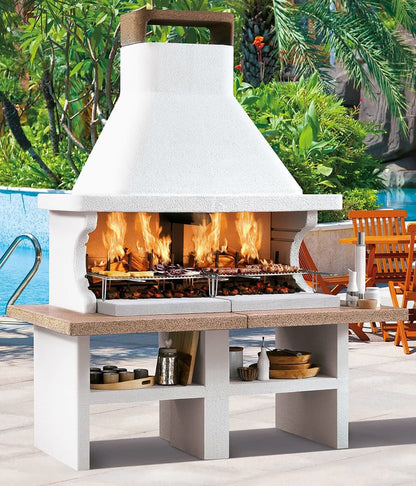 Palazzetti in Giardino Patmos Barbecue Carbonelle Legna Struttura Cemento Refrattario Da Verniciare 2 Aree Grill Piano Fuoco Braciere Portalegna Sottocappe Metalliche Griglia Cottura Top Marmotech Rosso Incluso Kit Verniciatura e Montaggio 190x102 H235 cm