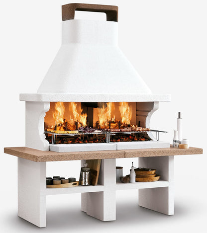 Palazzetti in Giardino Patmos Barbecue Carbonelle Legna Struttura Cemento Refrattario Da Verniciare 2 Aree Grill Piano Fuoco Braciere Portalegna Sottocappe Metalliche Griglia Cottura Top Marmotech Rosso Incluso Kit Verniciatura e Montaggio 190x102 H235 cm