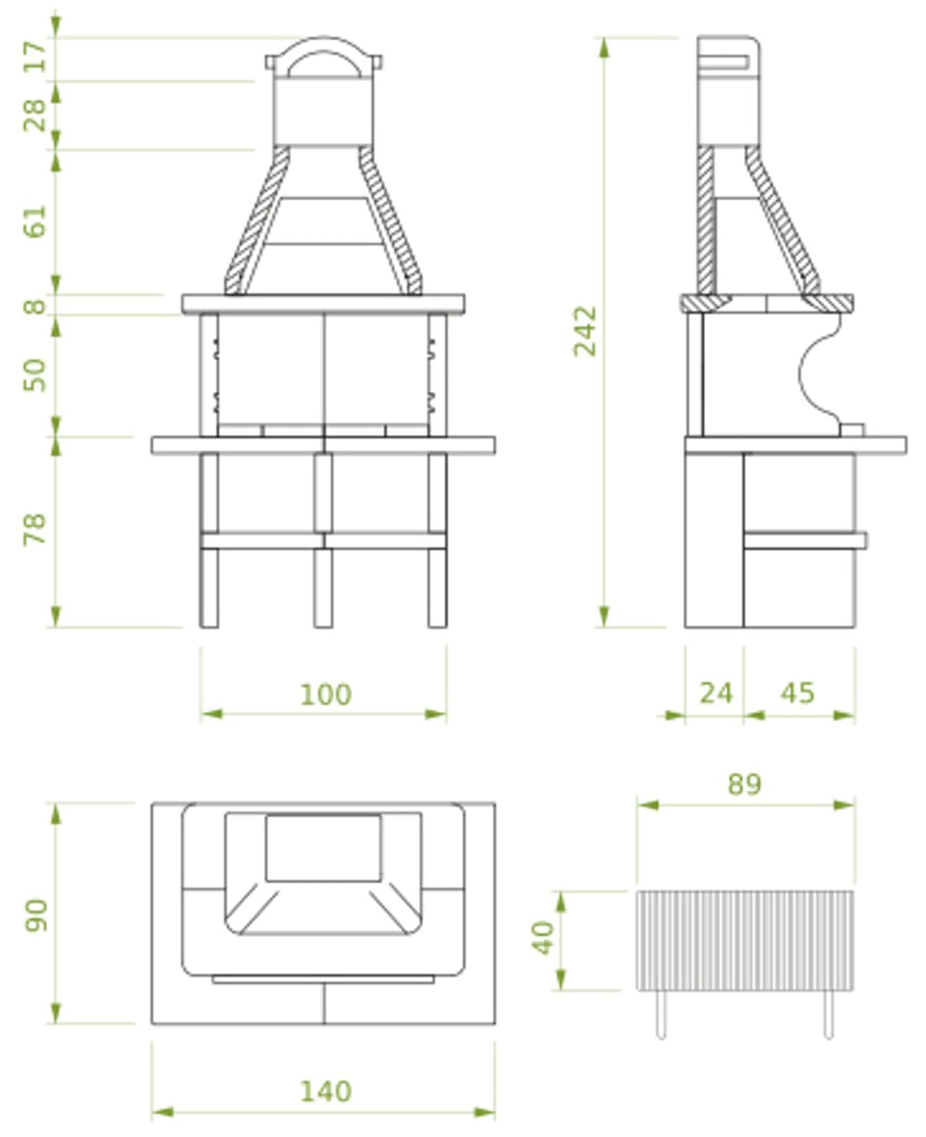 Palazzetti in Giardino Pianosa Barbecue Carbonelle Legna Struttura Cemento Refrattario Top Marmotech Rosso Da Verniciare Area Grill Piano Fuoco Braciere Portalegna Sottocappa Metallica Griglia Cottura Incluso Kit Verniciatura e Montaggio 140x90 H242 cm
