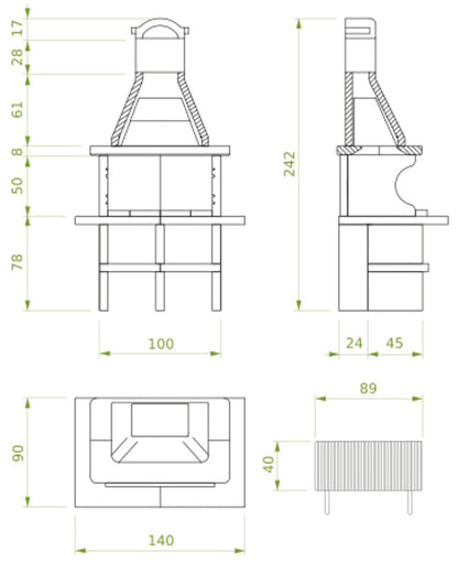 Palazzetti in Giardino Pianosa Barbecue Carbonelle Legna Struttura Cemento Refrattario Top Marmotech Rosso Da Verniciare Area Grill Piano Fuoco Braciere Portalegna Sottocappa Metallica Griglia Cottura Incluso Kit Verniciatura e Montaggio 140x90 H242 cm