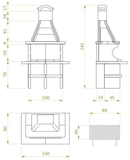 Palazzetti in Giardino Pianosa Barbecue Carbonelle Legna Struttura Cemento Refrattario Top Marmotech Grigio Da Verniciare Area Grill Piano Fuoco Braciere Portalegna Sottocappa Metallica Griglia Cottura Incluso Kit Verniciatura e Montaggio 140x90 H242 cm