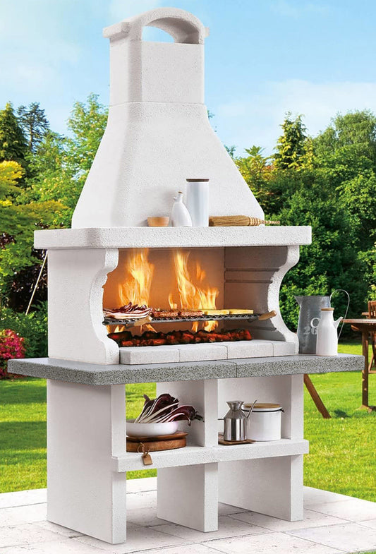 Palazzetti in Giardino Pianosa Barbecue Carbonelle Legna Struttura Cemento Refrattario Top Marmotech Grigio Da Verniciare Area Grill Piano Fuoco Braciere Portalegna Sottocappa Metallica Griglia Cottura Incluso Kit Verniciatura e Montaggio 140x90 H242 cm