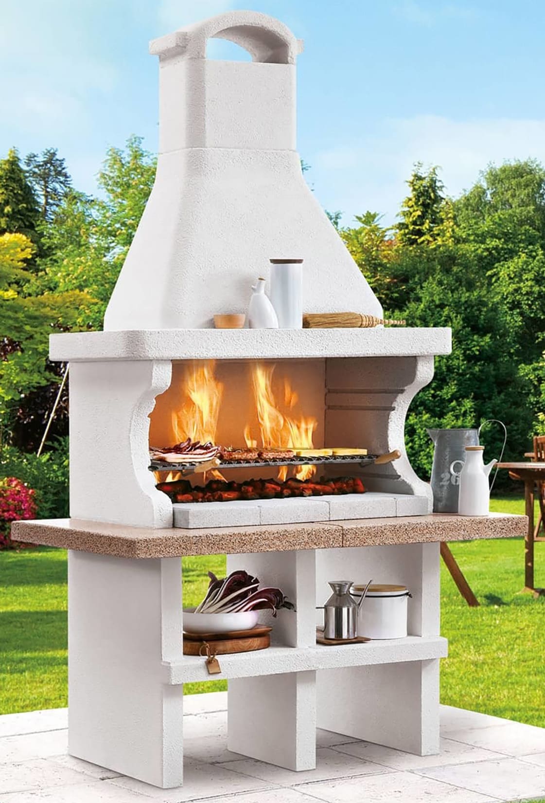 Palazzetti in Giardino Pianosa Barbecue Carbonelle Legna Struttura Cemento Refrattario Top Marmotech Rosso Da Verniciare Area Grill Piano Fuoco Braciere Portalegna Sottocappa Metallica Griglia Cottura Incluso Kit Verniciatura e Montaggio 140x90 H242 cm