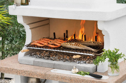 Palazzetti in Giardino Pianosa Barbecue Carbonelle Legna Struttura Cemento Refrattario Top Marmotech Rosso Da Verniciare Area Grill Piano Fuoco Braciere Portalegna Sottocappa Metallica Griglia Cottura Incluso Kit Verniciatura e Montaggio 140x90 H242 cm