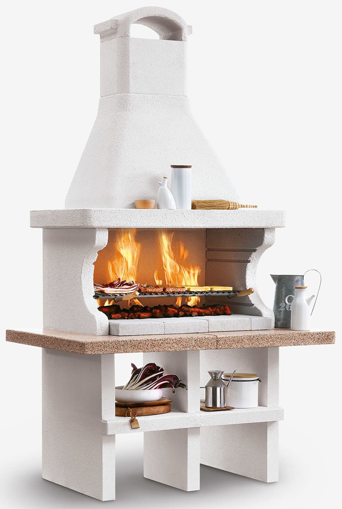 Palazzetti in Giardino Pianosa Barbecue Carbonelle Legna Struttura Cemento Refrattario Top Marmotech Rosso Da Verniciare Area Grill Piano Fuoco Braciere Portalegna Sottocappa Metallica Griglia Cottura Incluso Kit Verniciatura e Montaggio 140x90 H242 cm