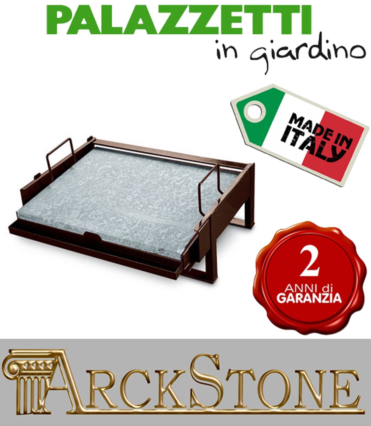 Palazzetti in Giardino Pietra Lavica Bioplatt 76x44 cm con Supporto Telaio In Acciaio Verniciato Dotato di Sistema Raccolta Grassi Cottura