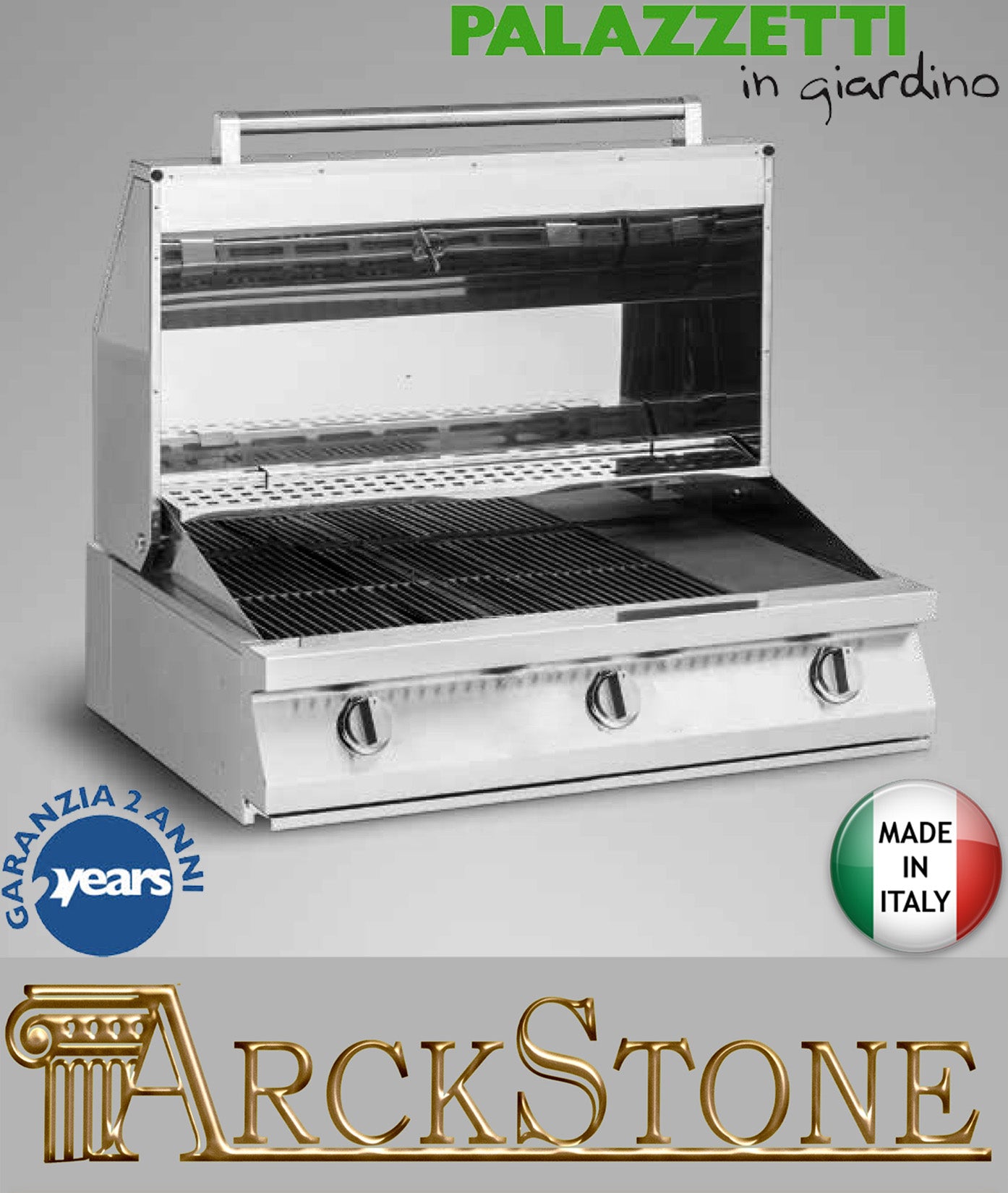 Palazzetti in Giardino Romeo 70 Barbecue Grill a Gas Metano e GPL in Acciaio Inox Con Coperchio per Interno Esterno 3 Bruciatori Accensione One Touch Diffusori Calore Con Piastra Cottura Ghisa Ampia Vaschetta Raccogli Grasso Misura 70x60xh23 cm 32 Kg