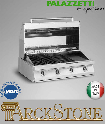 Palazzetti in Giardino Romeo 90 Barbecue Grill a Gas Metano e GPL in Acciaio Inox Senza Coperchio per Interno Esterno 4 Bruciatori Accensione One Touch Diffusori Calore Con Piastra Cottura Ghisa Ampia Vaschetta Raccogli Grasso Misura 90x60xh23 cm 41 Kg