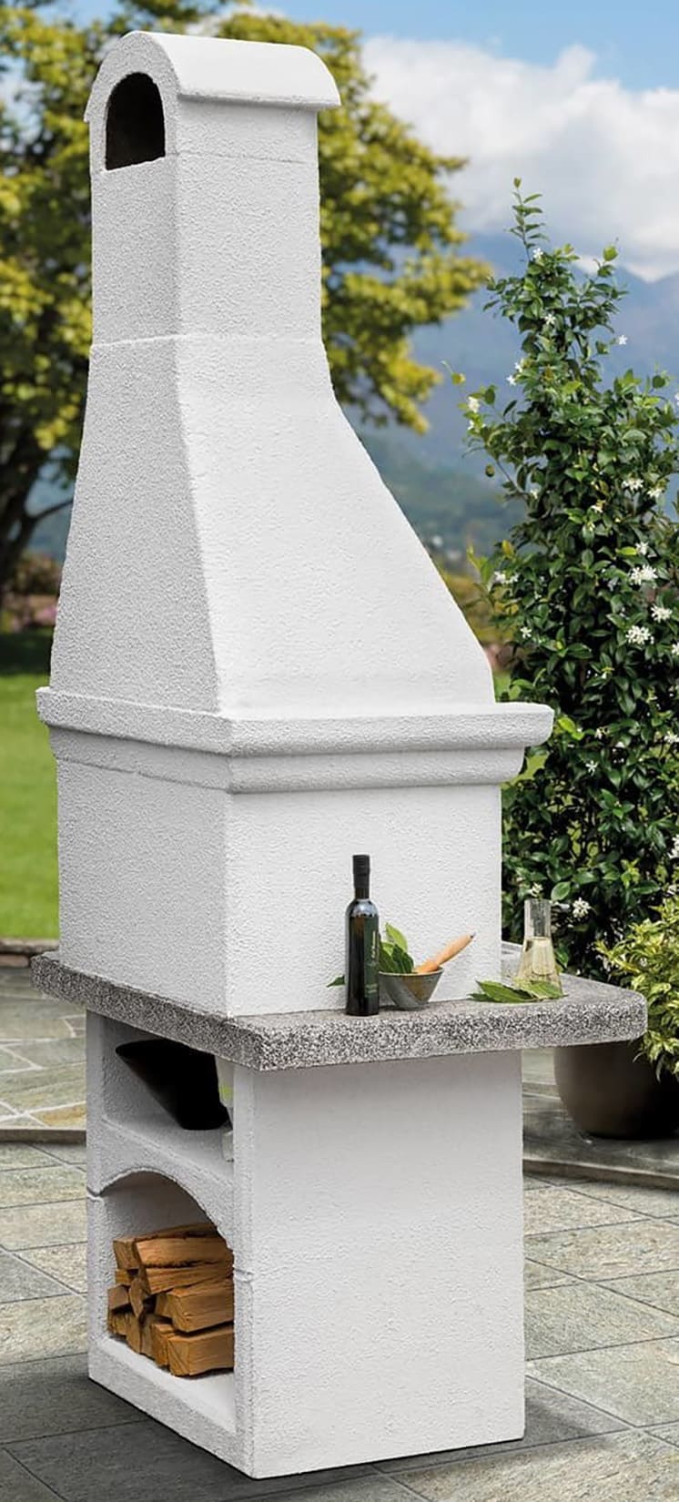 Palazzetti in Giardino Salina 2 Barbecue Carbonelle Legna Cemento Refrattario Piano Top Marmotech Grigio Da Verniciare Area Grill Cassetto Cenere Braciere Portalegna Sottocappa Metallica Griglia Cottura Incluso Kit Verniciatura e Montaggio 110x71 H232 cm