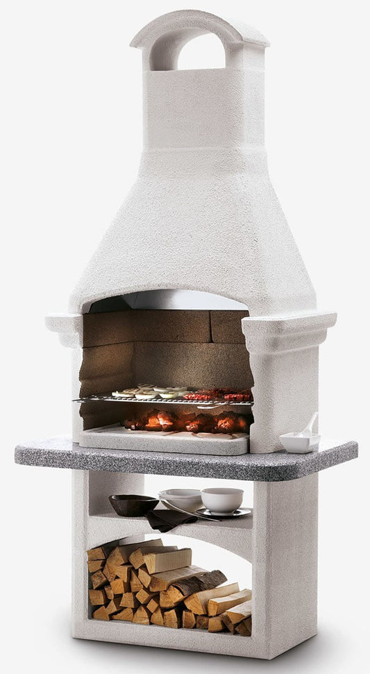 Palazzetti in Giardino Salina 2 Barbecue Carbonelle Legna Cemento Refrattario Piano Top Marmotech Grigio Da Verniciare Area Grill Cassetto Cenere Braciere Portalegna Sottocappa Metallica Griglia Cottura Incluso Kit Verniciatura e Montaggio 110x71 H232 cm