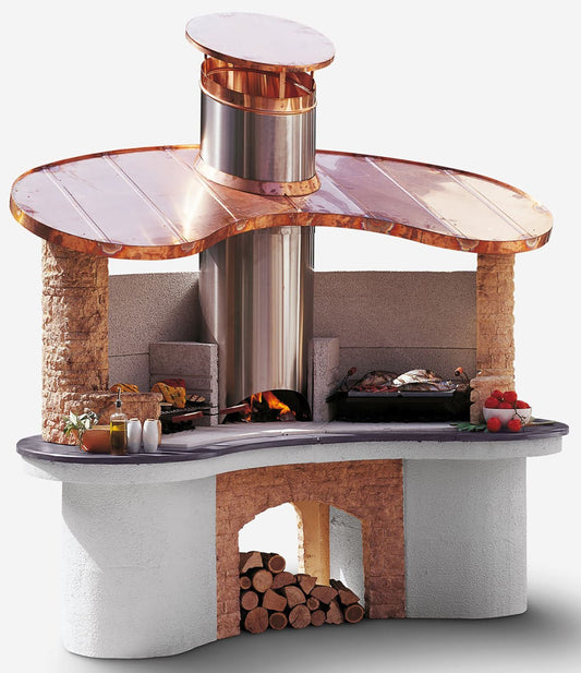 Palazzetti in Giardino Sumatra Piano In Ardesia Barbecue Carbonelle Cemento Refrattario Top di Lavoro in Realstone Da Verniciare Camera Acciaio Inox Carico Posteriore Legna Area Grill Griglie Cappa Rame Incluso Kit Verniciatura e Montaggio 248x134 H256 cm
