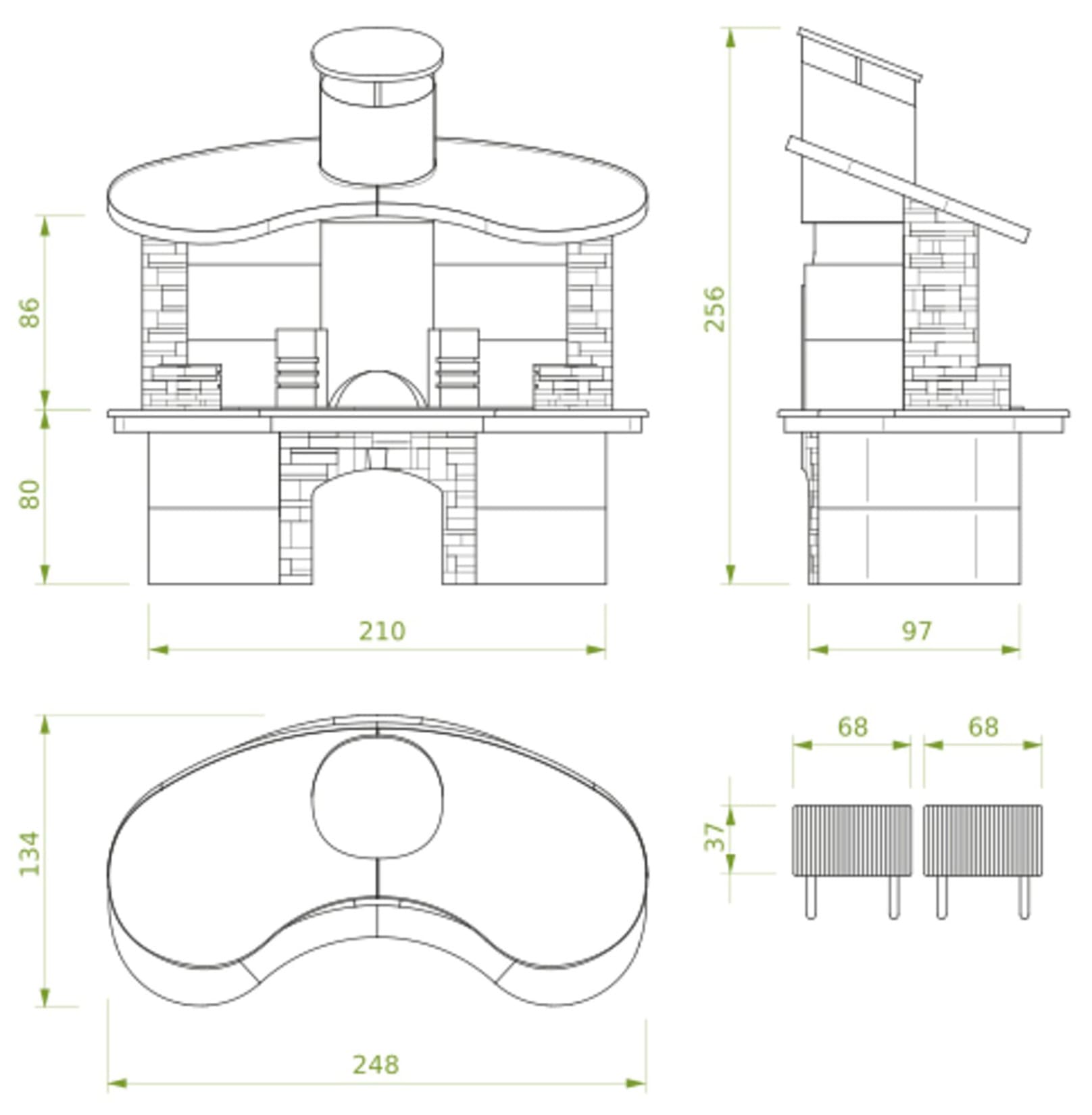 Palazzetti in Giardino Sumatra Piano In Ardesia Barbecue Carbonelle Cemento Refrattario Top di Lavoro in Realstone Da Verniciare Camera Acciaio Inox Carico Posteriore Legna Area Grill Griglie Cappa Rame Incluso Kit Verniciatura e Montaggio 248x134 H256 cm