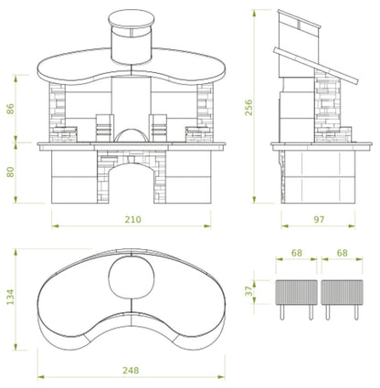 Palazzetti in Giardino Sumatra Piano In Ardesia Barbecue Carbonelle Cemento Refrattario Top di Lavoro in Realstone Da Verniciare Camera Acciaio Inox Carico Posteriore Legna Area Grill Griglie Cappa Rame Incluso Kit Verniciatura e Montaggio 248x134 H256 cm