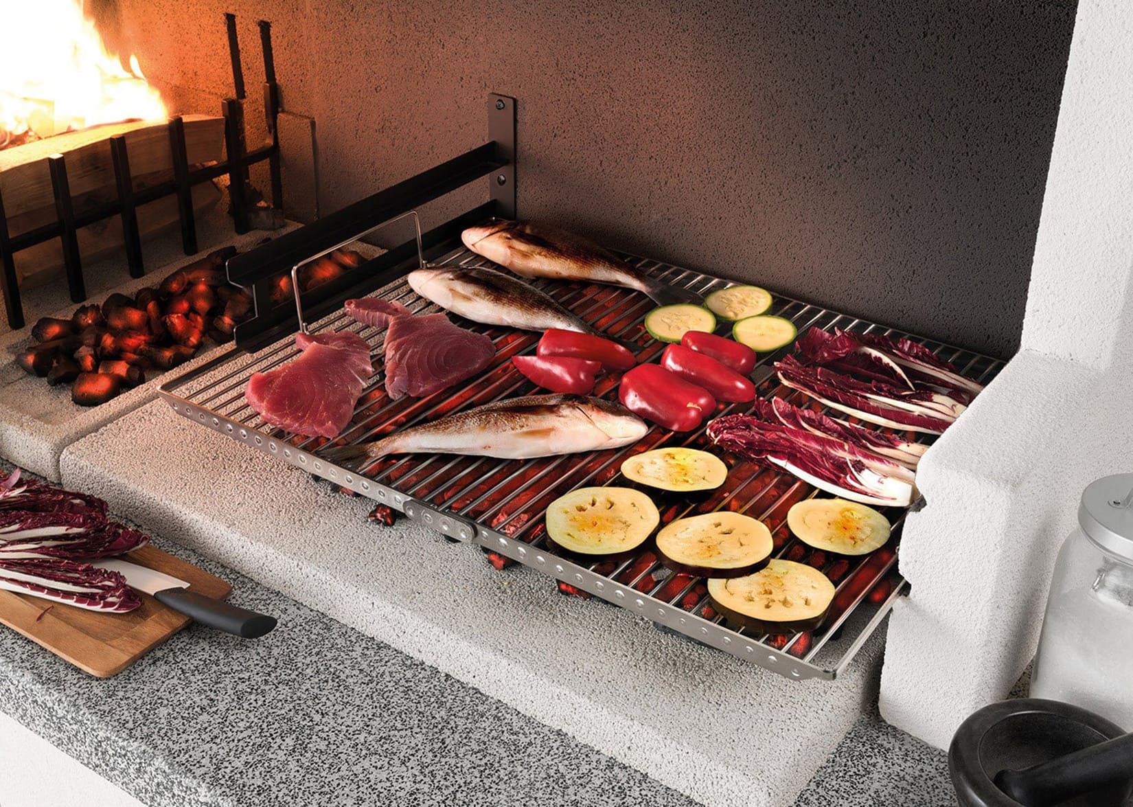 Palazzetti in Giardino Trinidad 2 Barbecue Carbonelle Legna Cemento Da Verniciare Focolare Braciere Laterale Portalegna Area Grill Paravento Sottocappa Griglia Cottura Top Piano Marmotech Tettoia Cemipiù Incluso Kit Verniciatura e Montaggio 204x95 H230 cm