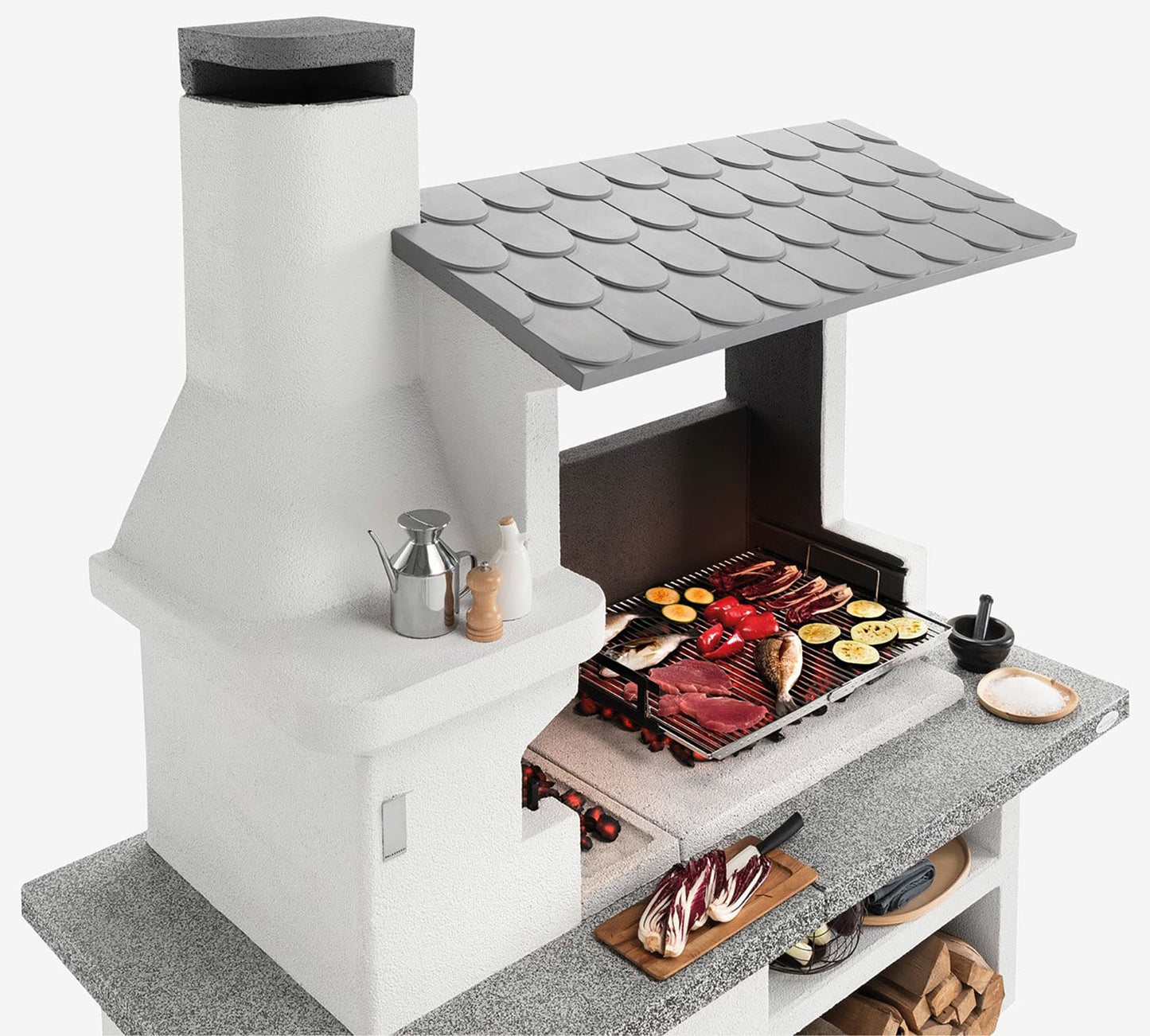 Palazzetti in Giardino Trinidad 2 Barbecue Carbonelle Legna Cemento Da Verniciare Focolare Braciere Laterale Portalegna Area Grill Paravento Sottocappa Griglia Cottura Top Piano Marmotech Tettoia Cemipiù Incluso Kit Verniciatura e Montaggio 204x95 H230 cm