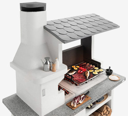 Palazzetti in Giardino Trinidad 2 Barbecue Carbonelle Legna Cemento Da Verniciare Focolare Braciere Laterale Portalegna Area Grill Paravento Sottocappa Griglia Cottura Top Piano Marmotech Tettoia Cemipiù Incluso Kit Verniciatura e Montaggio 204x95 H230 cm