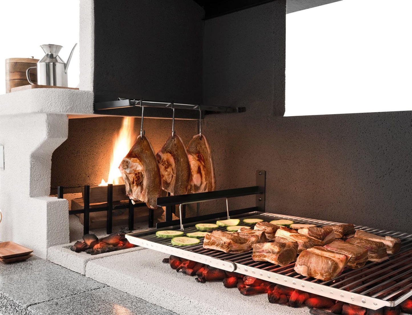 Palazzetti in Giardino Trinidad 2 Barbecue Carbonelle Legna Cemento Da Verniciare Focolare Braciere Laterale Portalegna Area Grill Paravento Sottocappa Griglia Cottura Top Piano Marmotech Tettoia Cemipiù Incluso Kit Verniciatura e Montaggio 204x95 H230 cm