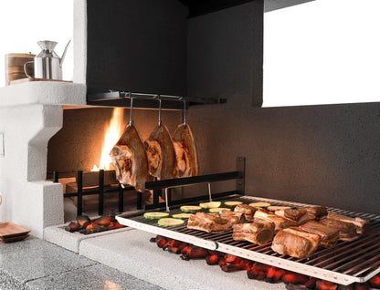 Palazzetti in Giardino Trinidad 2 Barbecue Carbonelle Legna Cemento Da Verniciare Focolare Braciere Laterale Portalegna Area Grill Paravento Sottocappa Griglia Cottura Top Piano Marmotech Tettoia Cemipiù Incluso Kit Verniciatura e Montaggio 204x95 H230 cm