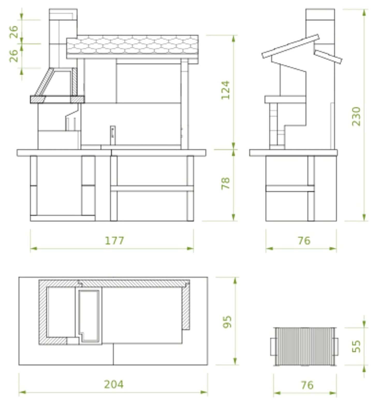 Palazzetti in Giardino Trinidad 2 Barbecue Carbonelle Legna Cemento Da Verniciare Focolare Braciere Laterale Portalegna Area Grill Paravento Sottocappa Griglia Cottura Top Piano Marmotech Tettoia Cemipiù Incluso Kit Verniciatura e Montaggio 204x95 H230 cm