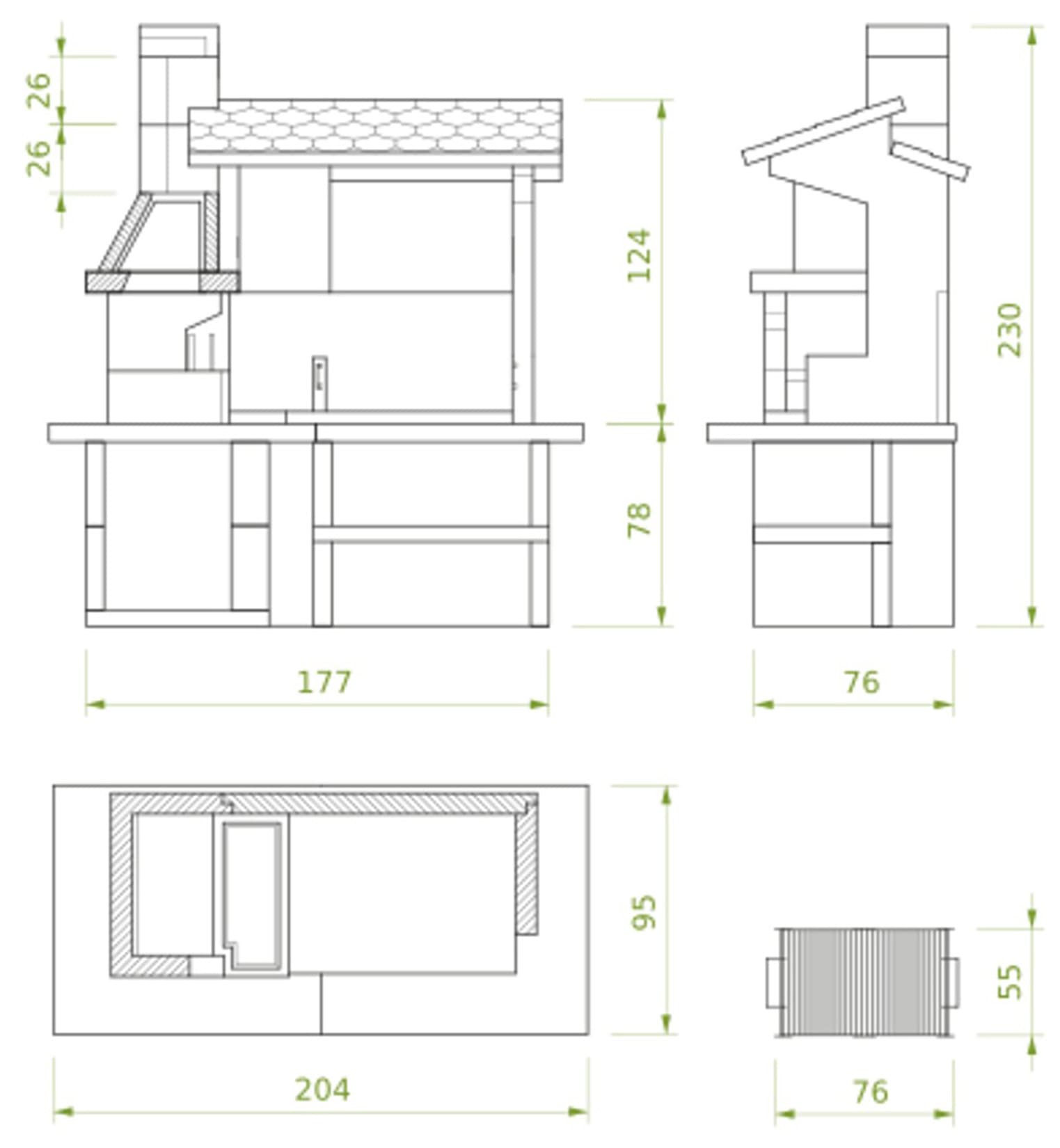 Palazzetti in Giardino Trinidad 2 Barbecue Carbonelle Legna Cemento Da Verniciare Focolare Braciere Laterale Portalegna Area Grill Paravento Sottocappa Griglia Cottura Top Piano Marmotech Tettoia Cemipiù Incluso Kit Verniciatura e Montaggio 204x95 H230 cm