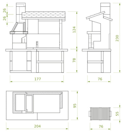 Palazzetti in Giardino Trinidad 2 Barbecue Carbonelle Legna Cemento Da Verniciare Focolare Braciere Laterale Portalegna Area Grill Paravento Sottocappa Griglia Cottura Top Piano Marmotech Tettoia Cemipiù Incluso Kit Verniciatura e Montaggio 204x95 H230 cm
