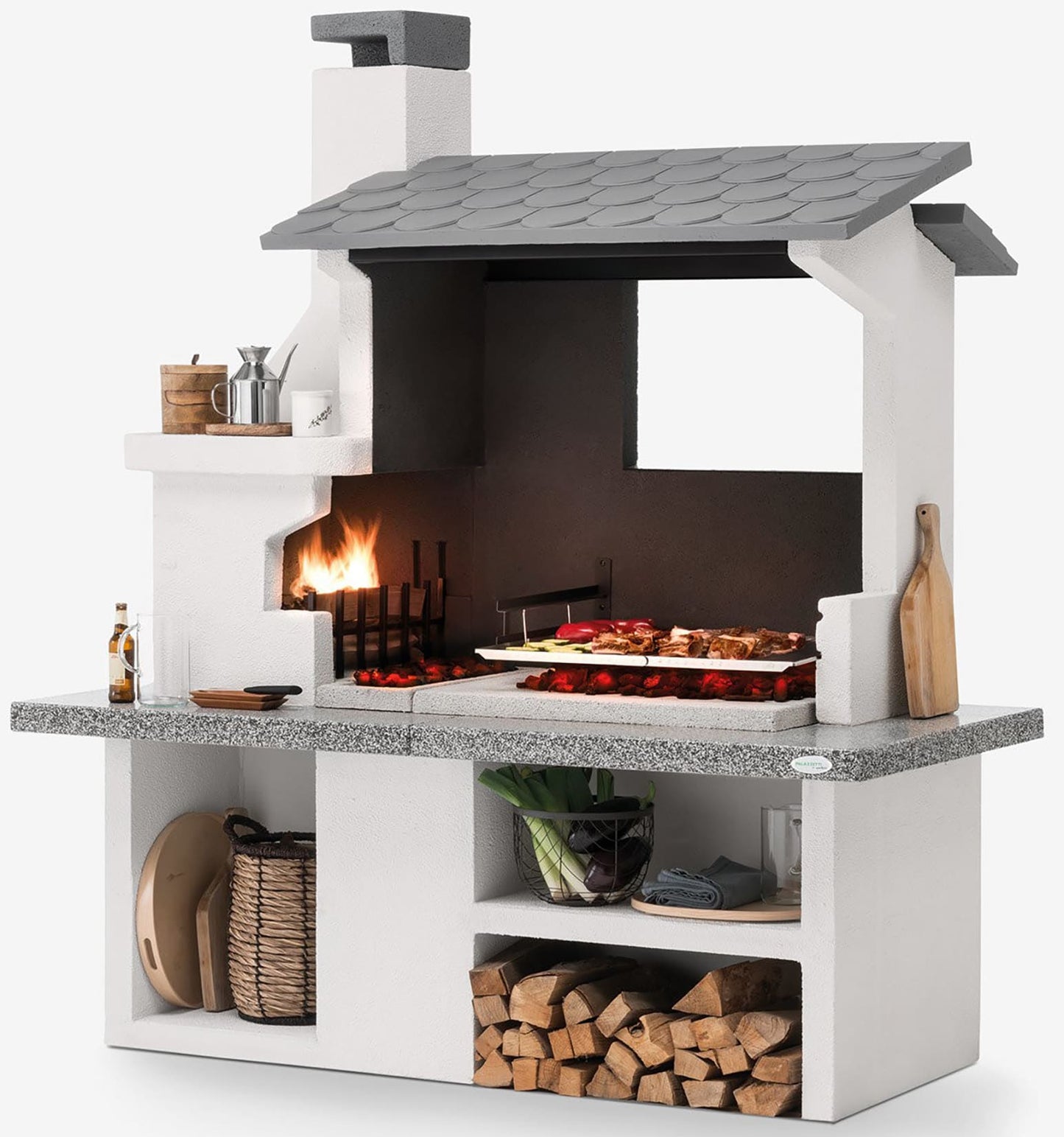 Palazzetti in Giardino Trinidad 2 Barbecue Carbonelle Legna Cemento Da Verniciare Focolare Braciere Laterale Portalegna Area Grill Paravento Sottocappa Griglia Cottura Top Piano Marmotech Tettoia Cemipiù Incluso Kit Verniciatura e Montaggio 204x95 H230 cm