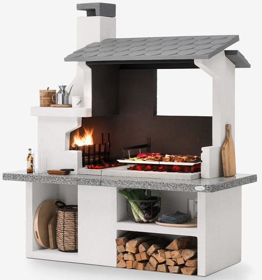 Palazzetti in Giardino Trinidad 2 Barbecue Carbonelle Legna Cemento Da Verniciare Focolare Braciere Laterale Portalegna Area Grill Paravento Sottocappa Griglia Cottura Top Piano Marmotech Tettoia Cemipiù Incluso Kit Verniciatura e Montaggio 204x95 H230 cm